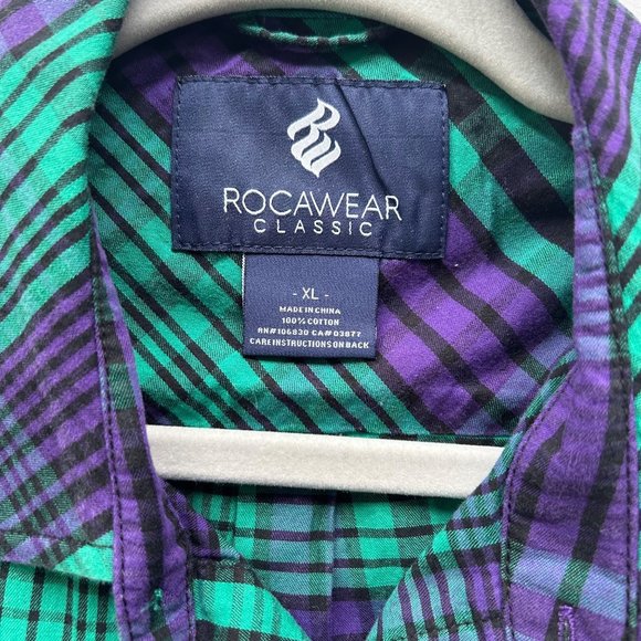 Rocawear Classic Short Sleeves Shirt Size XL Purple Teal and Black Striped Plaid - Picture 3 of 8